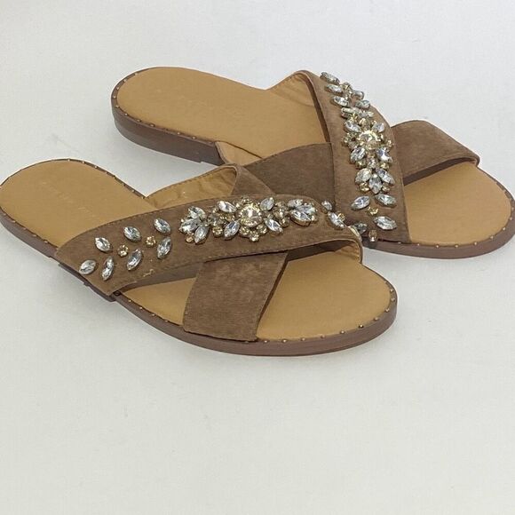 Adrienne Vittadini Women's Brown Embellished Rhinestones Crisscross Sandal Sz 8M - Picture 1 of 10